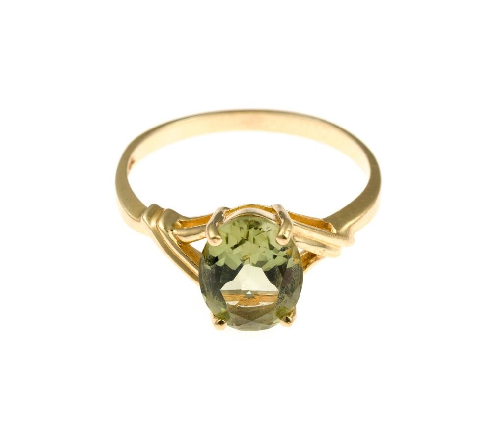 10K Yellow Gold Green Oval Quartz Solitaire Sz 9 Ring 2.4g 1980s-1990s
